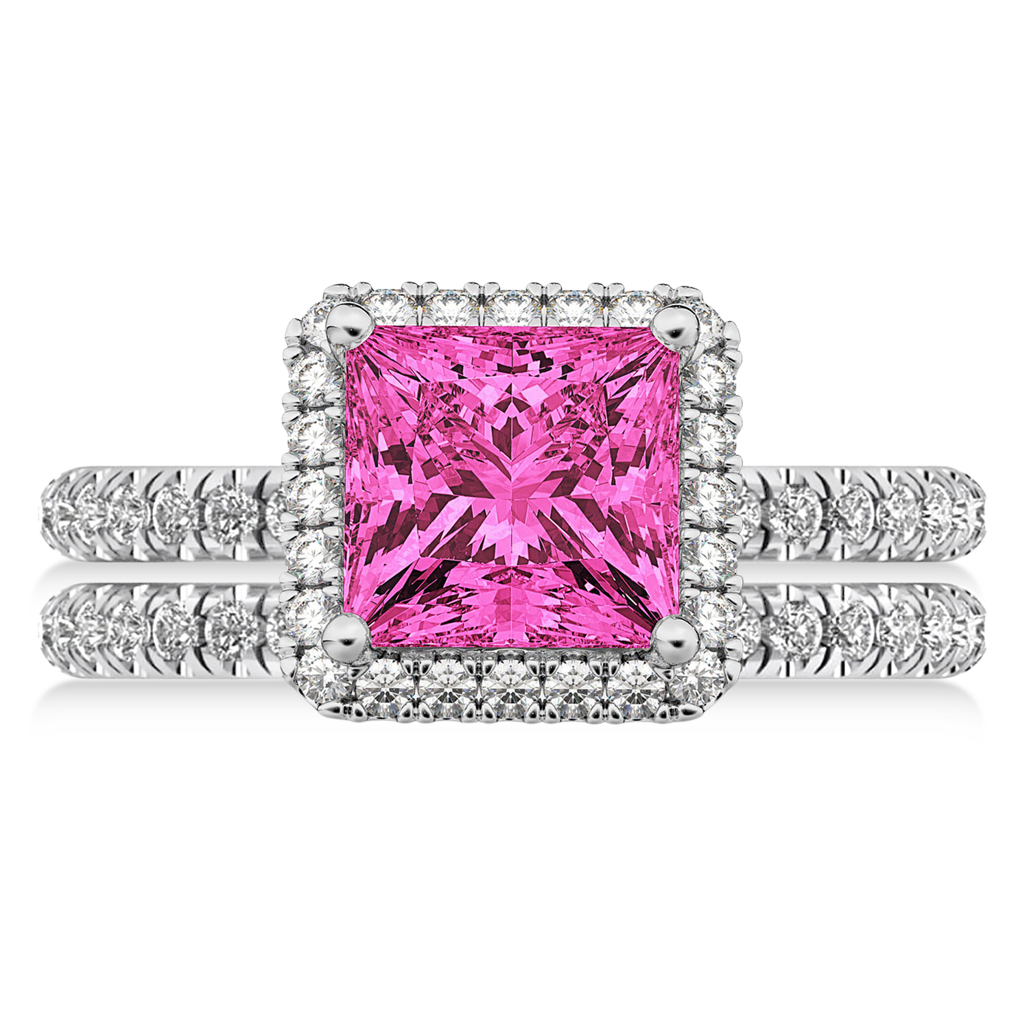 Pink Tourmaline & Diamonds Princess-Cut Halo Bridal Set 14K White Gold (3.74ct)