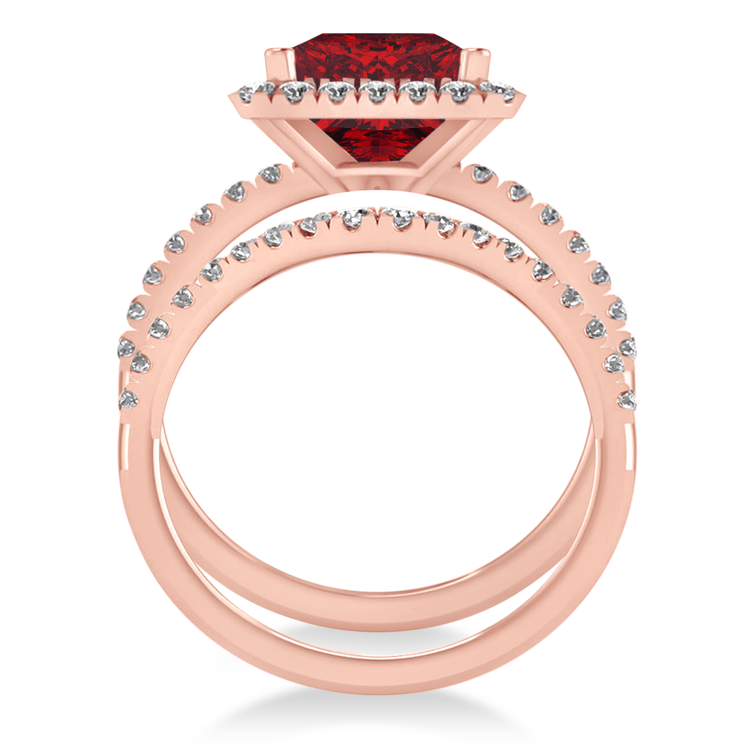 Ruby & Diamonds Princess-Cut Halo Bridal Set 14K Rose Gold (3.74ct)