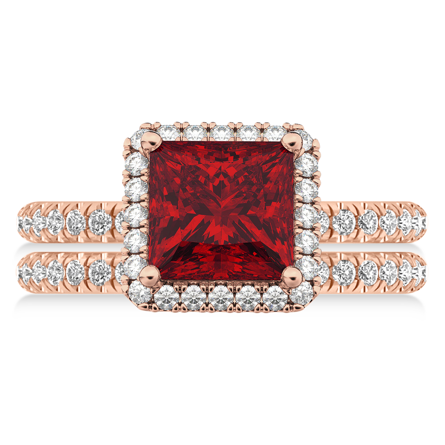 Ruby & Diamonds Princess-Cut Halo Bridal Set 14K Rose Gold (3.74ct)