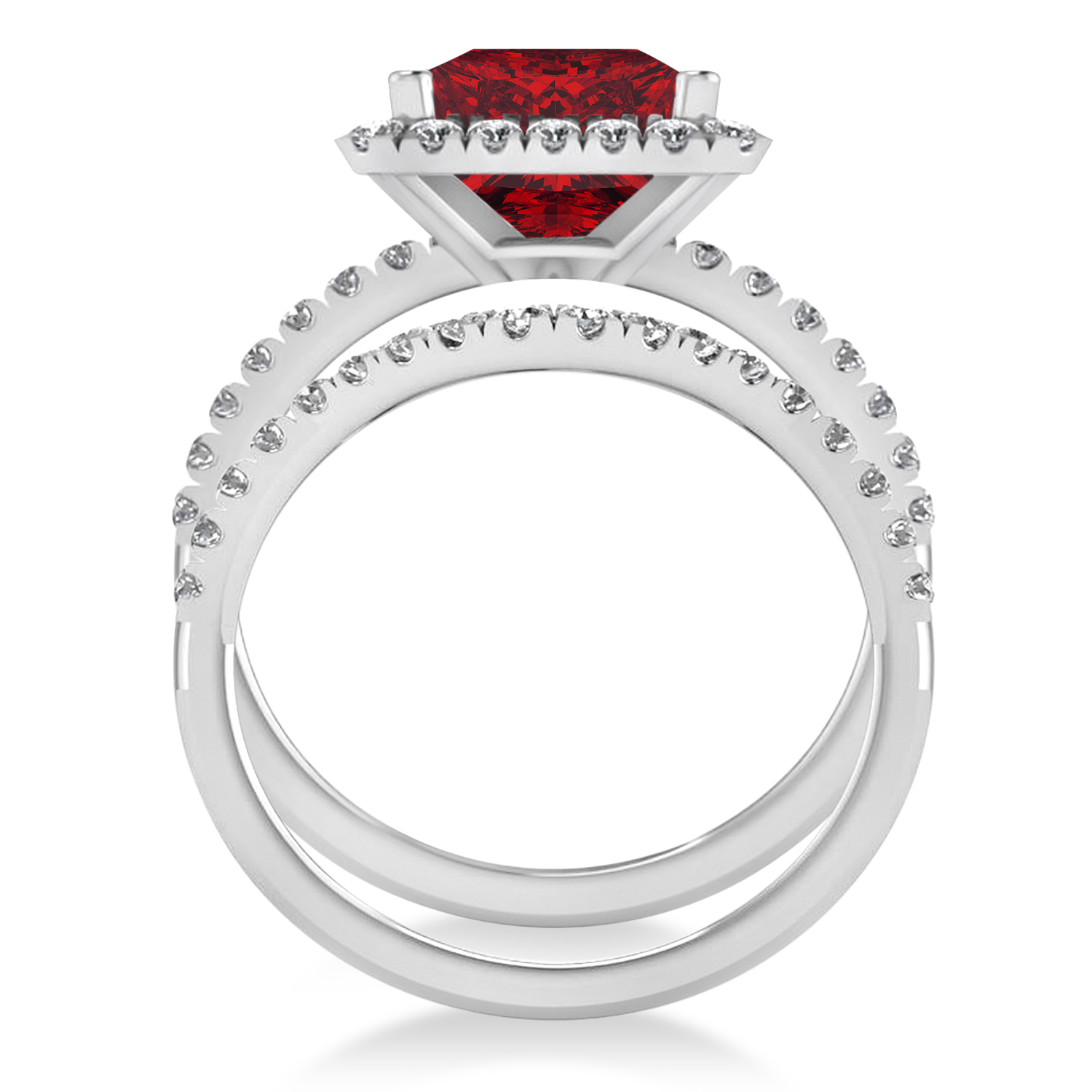 Ruby & Diamonds Princess-Cut Halo Bridal Set 14K White Gold (3.74ct)