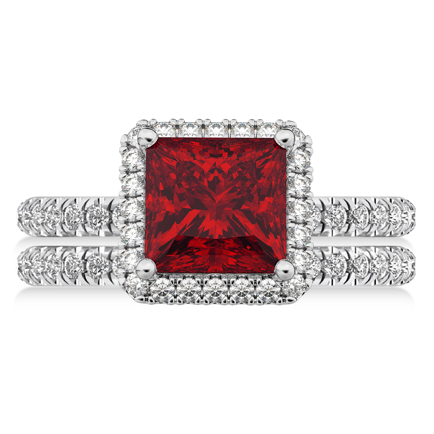 Ruby & Diamonds Princess-Cut Halo Bridal Set 14K White Gold (3.74ct)