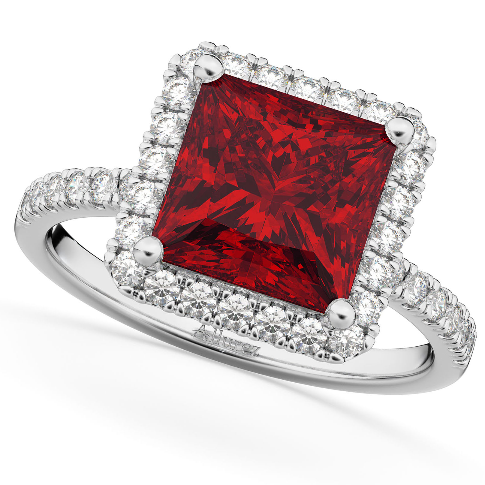 Ruby & Diamonds Princess-Cut Halo Bridal Set 14K White Gold (3.74ct)
