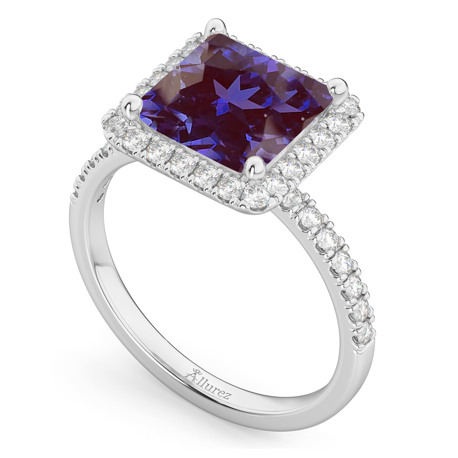 Princess Cut Halo Lab Alexandrite & Diamond Engagement Ring 14K White Gold 3.47ct