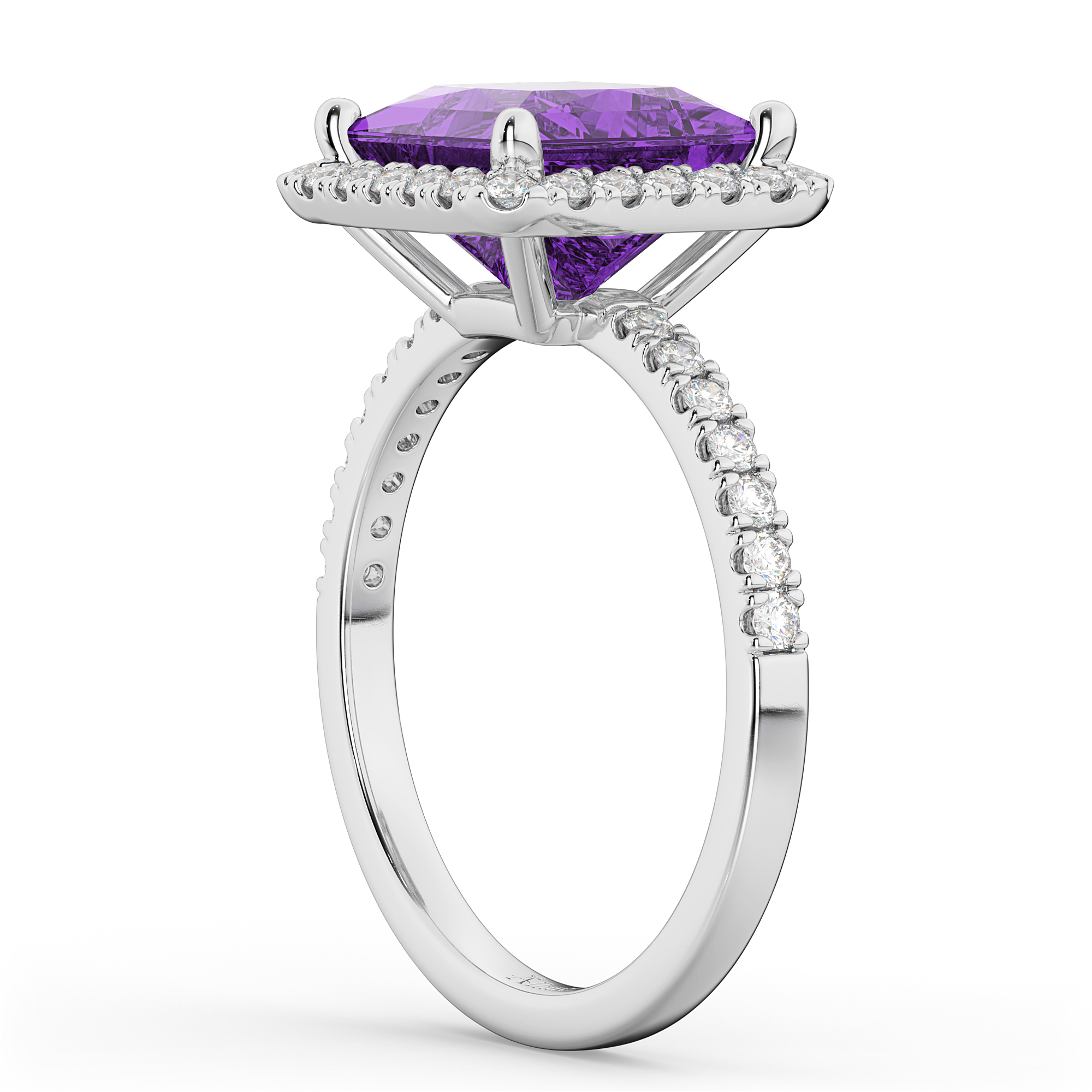 Princess Cut Halo Amethyst & Diamond Engagement Ring 14K White Gold 3.47ct
