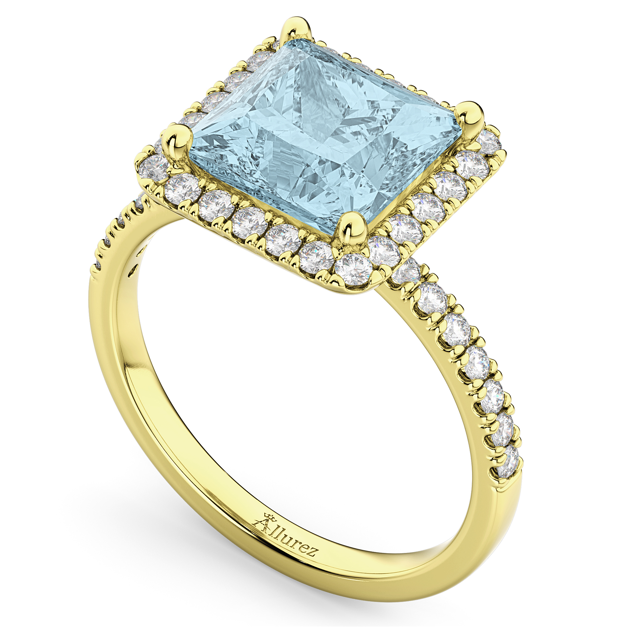 Princess Cut Halo Aquamarine & Diamond Engagement Ring 14K Yellow Gold 3.47ct
