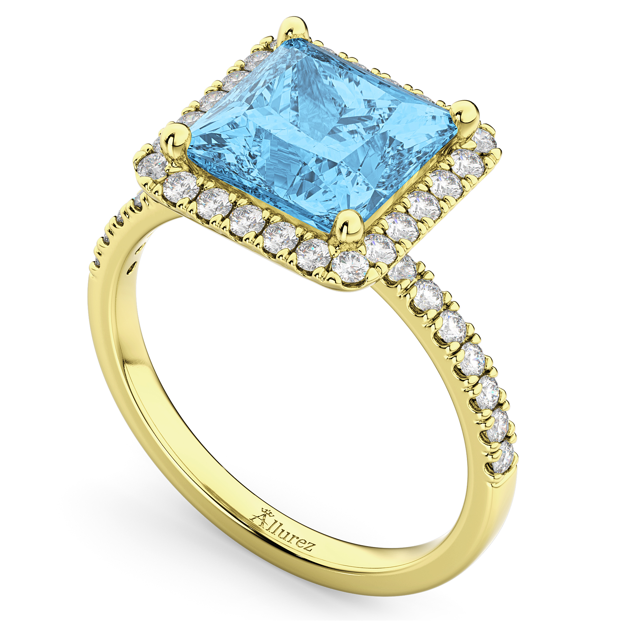 Princess Cut Halo Blue Topaz & Diamond Engagement Ring 14K Yellow Gold 3.47ct