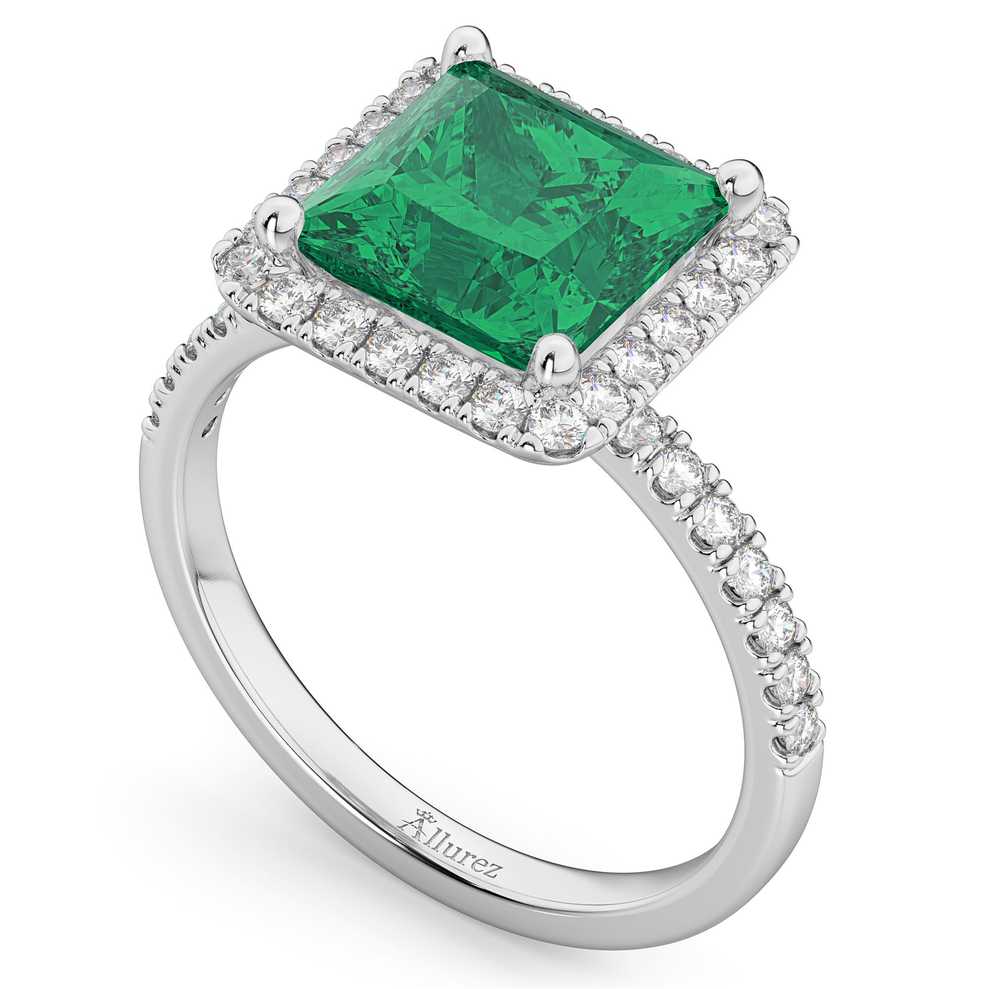 Princess Cut Halo Emerald & Diamond Engagement Ring 14K White Gold 3.57ct