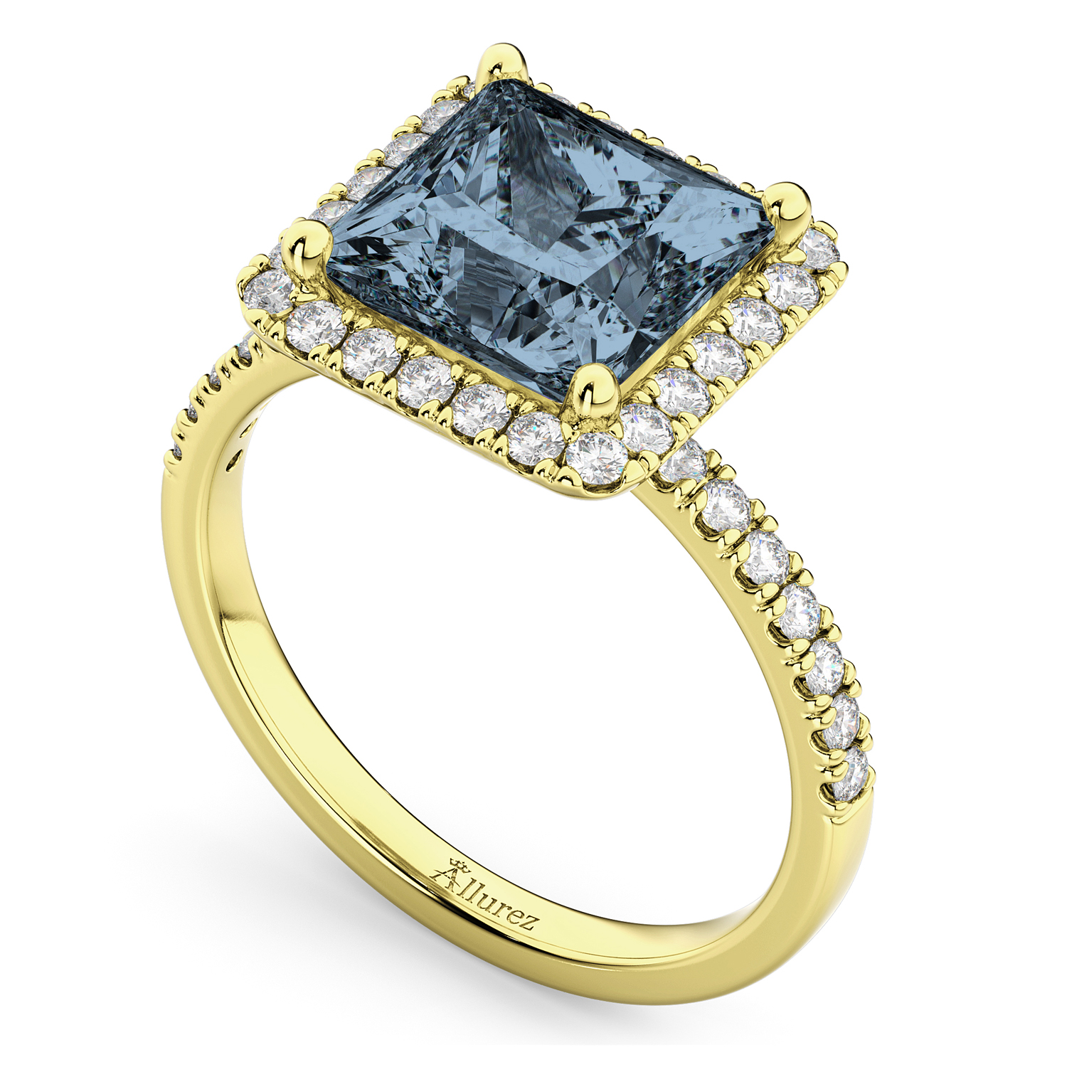 Princess Cut Halo Gray Spinel & Diamond Engagement Ring 14K Yellow Gold 3.47ct