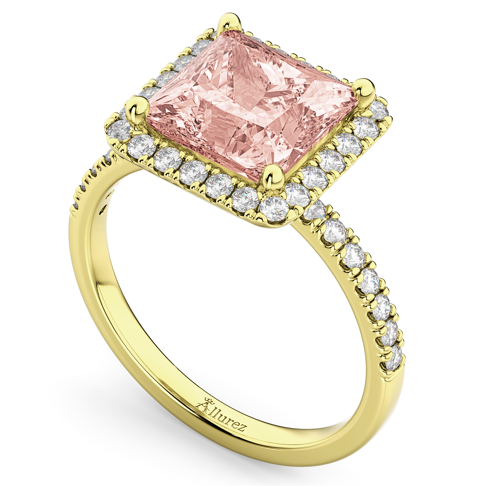 Princess Cut Halo Morganite & Diamond Engagement Ring 14K Yellow Gold 3.47ct