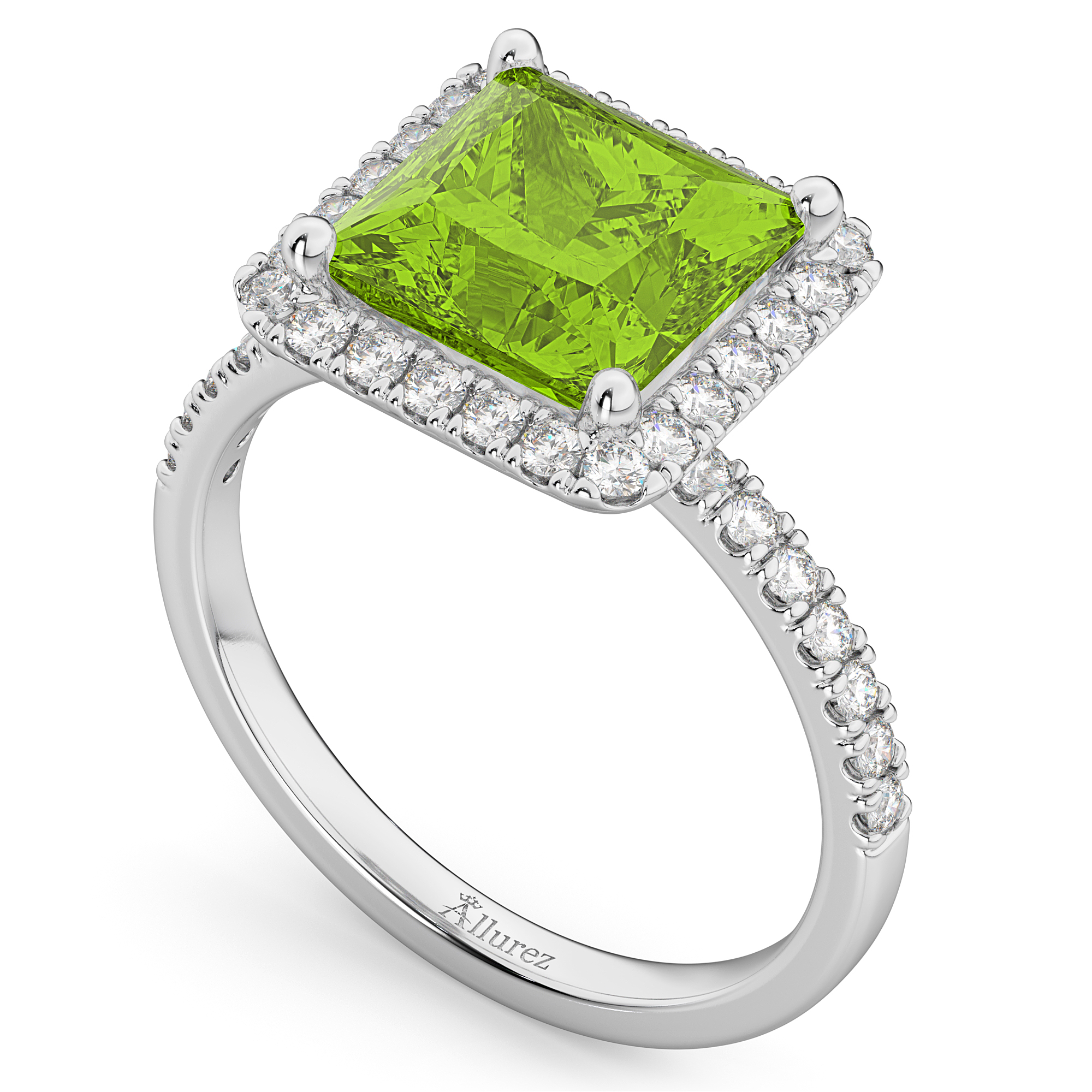 Princess Cut Halo Peridot & Diamond Engagement Ring 14K White Gold 3.47ct