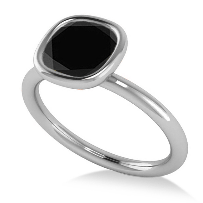 Cushion Cut Black Diamond Solitaire Engagement Ring 14k White Gold (1.40ct)