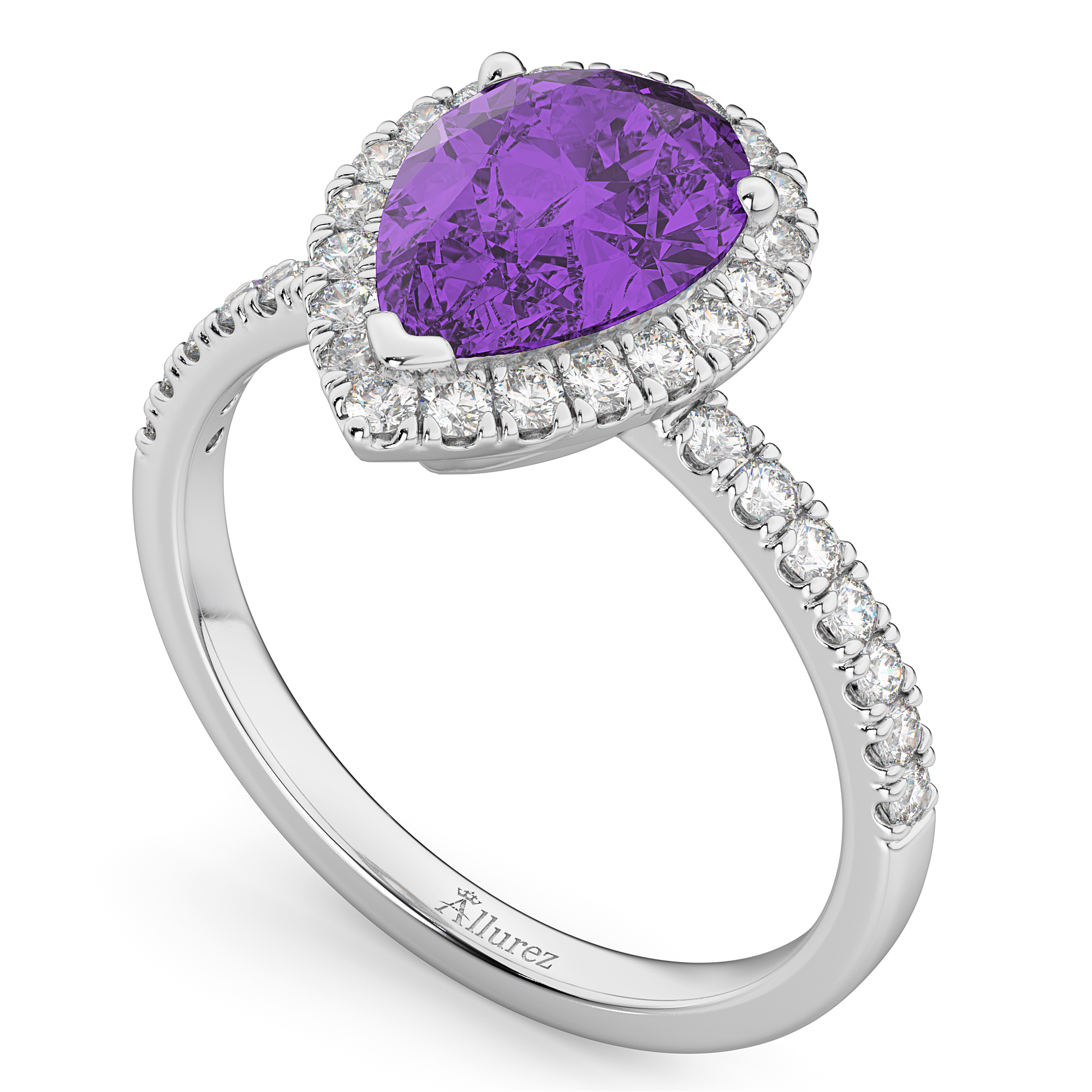 Pear Cut Halo Amethyst & Diamond Engagement Ring 14K White Gold 2.21ct