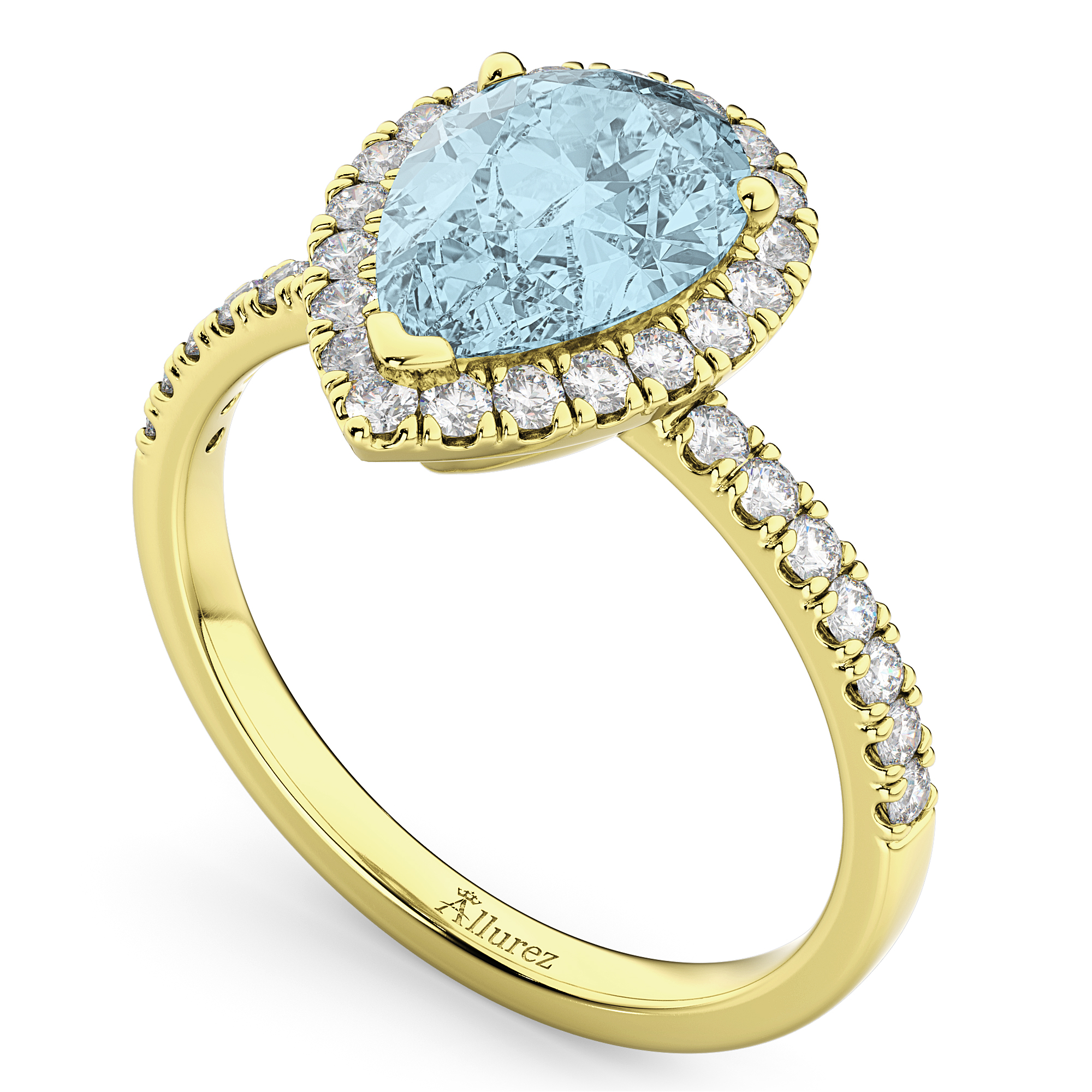 Pear Cut Halo Aquamarine & Diamond Engagement Ring 14K Yellow Gold 2.36ct