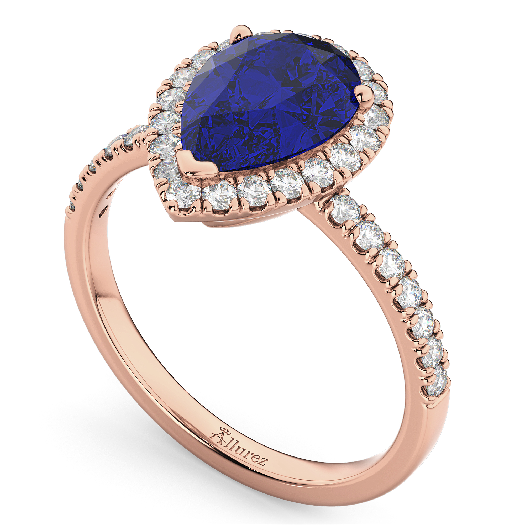 Pear Cut Halo Blue Sapphire & Diamond Engagement Ring 14K Rose Gold 3.01ct