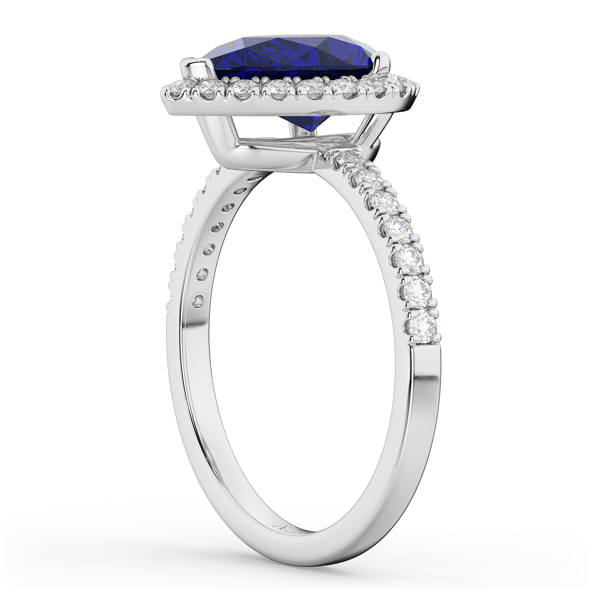 Pear Cut Halo Blue Sapphire & Diamond Engagement Ring 14K White Gold 3.01ct