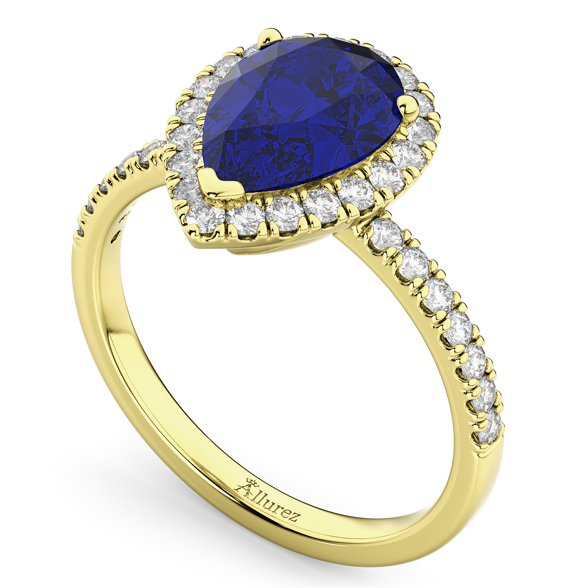 Pear Cut Halo Blue Sapphire & Diamond Engagement Ring 14K Yellow Gold 3.01ct