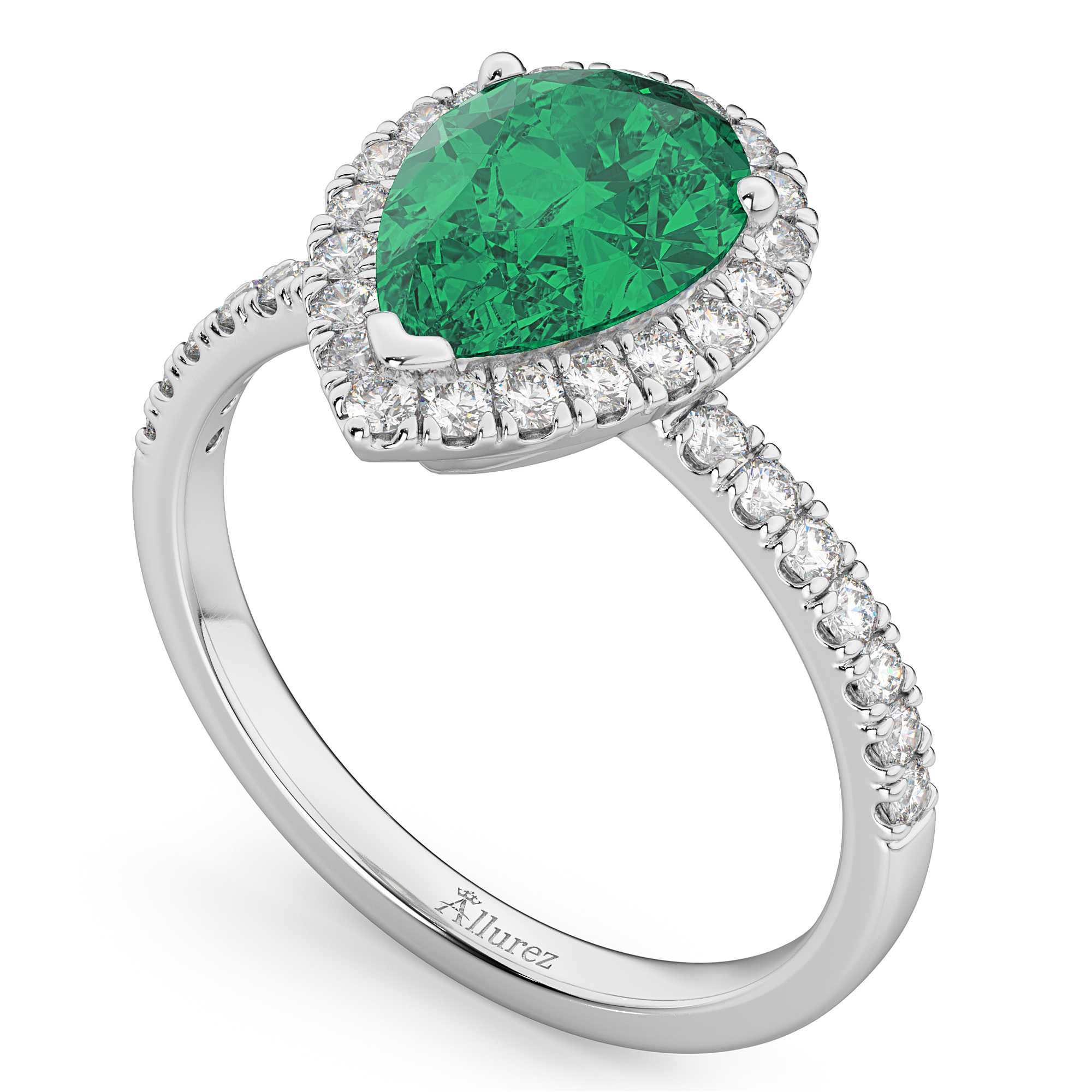 Pear Cut Halo Lab Emerald & Lab Diamond Engagement Ring 14K White Gold 3.21ct