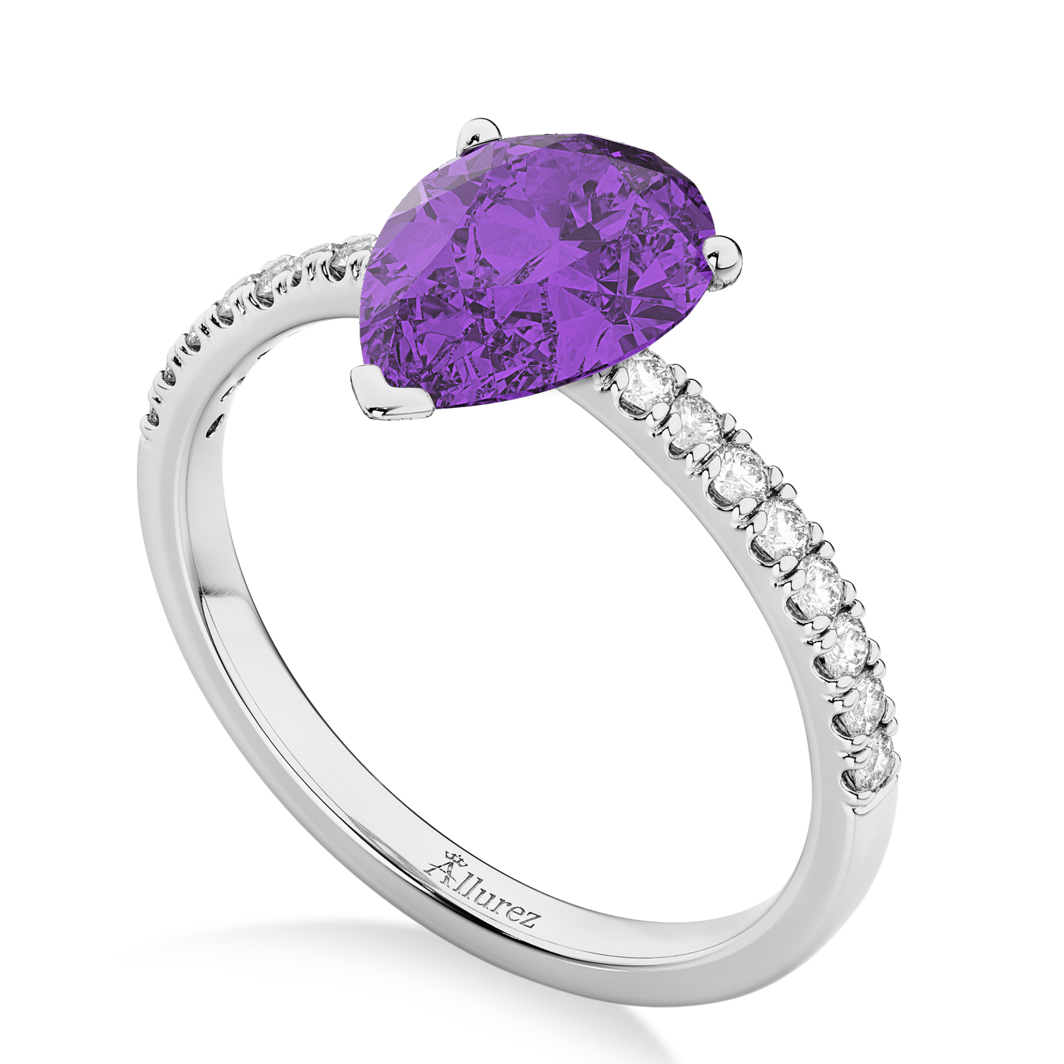 Pear Cut Amethyst & Diamond Engagement Ring 14K White Gold 1.91ct