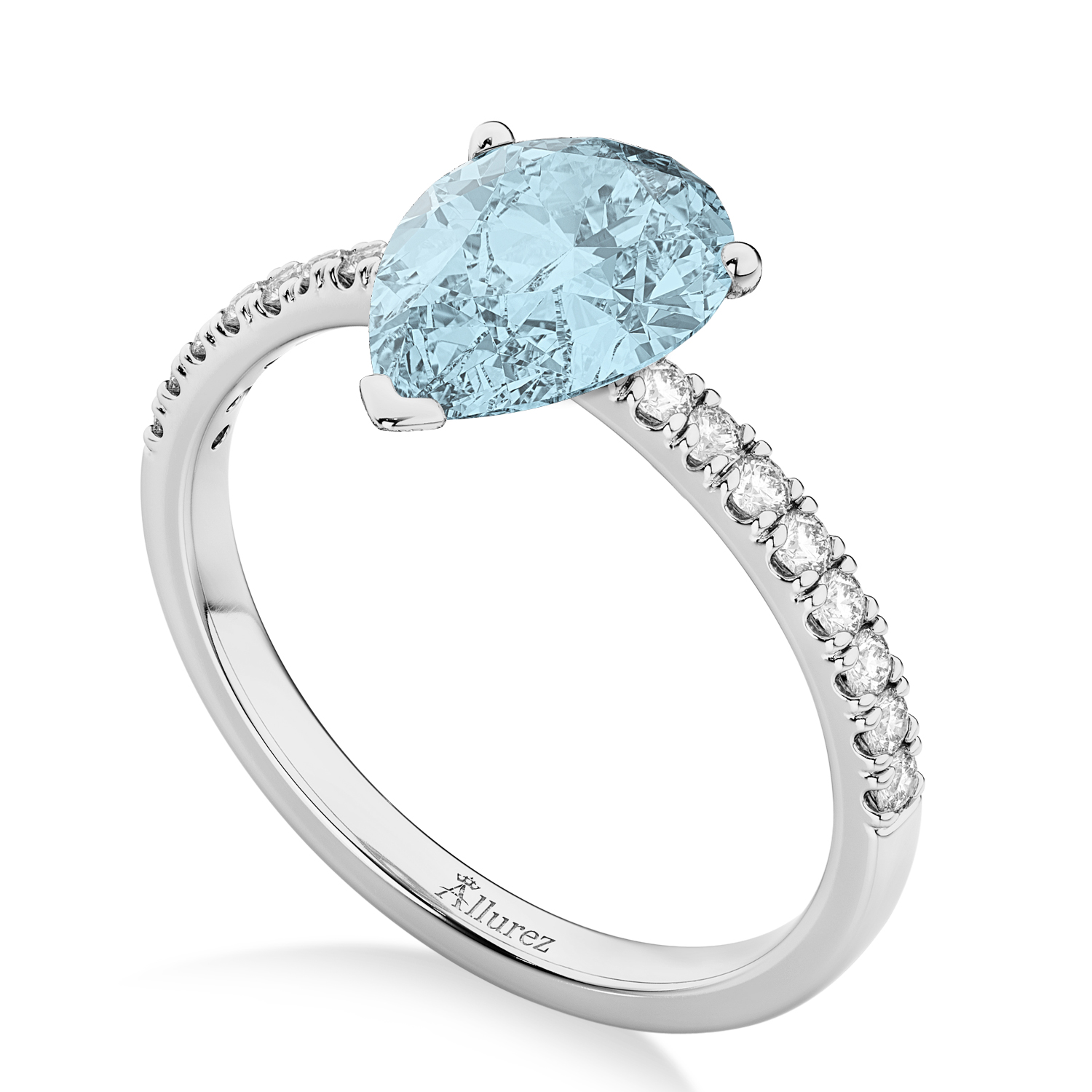 Pear Cut Aquamarine & Diamond Engagement Ring 14K White Gold 2.06ct