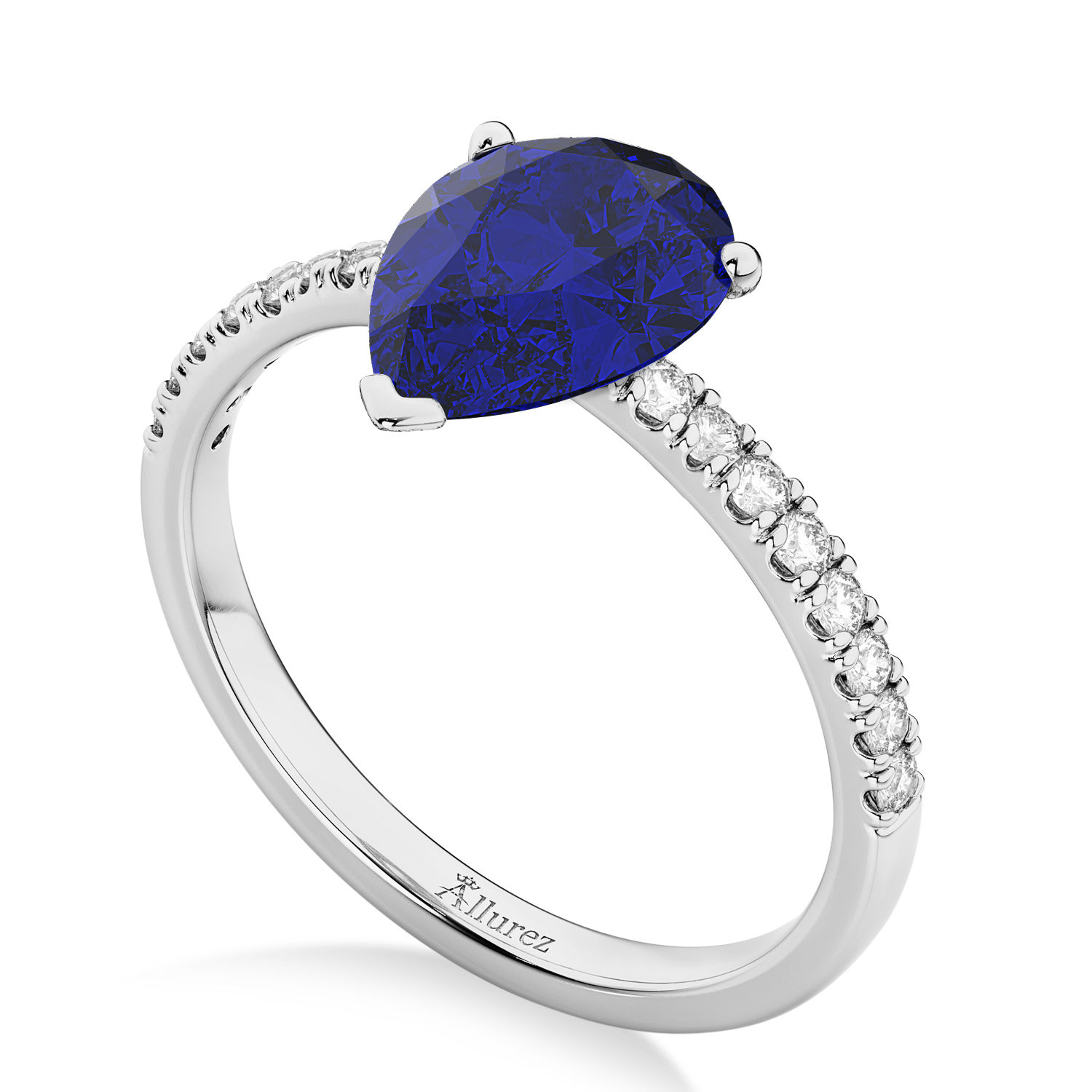 Pear Cut Blue Sapphire & Diamond Engagement Ring 14K White Gold 2.71ct