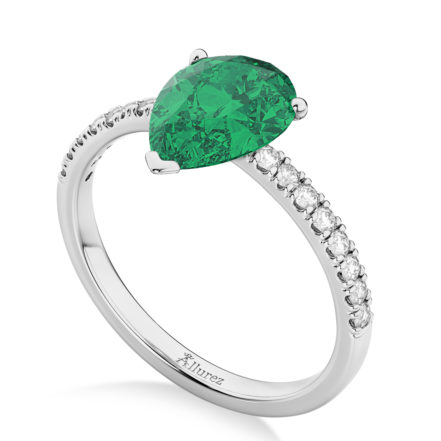 Pear Cut Emerald & Diamond Engagement Ring 14K White Gold 2.81ct