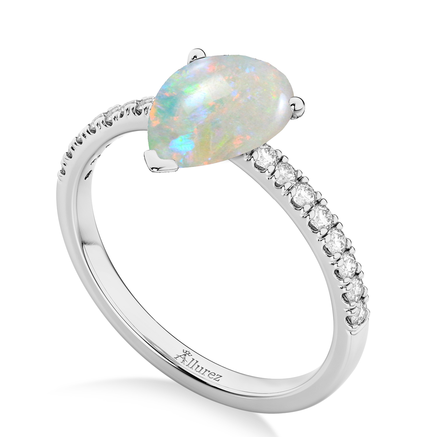 Pear Cut Opal & Diamond Engagement Ring 14K White Gold 1.24ct