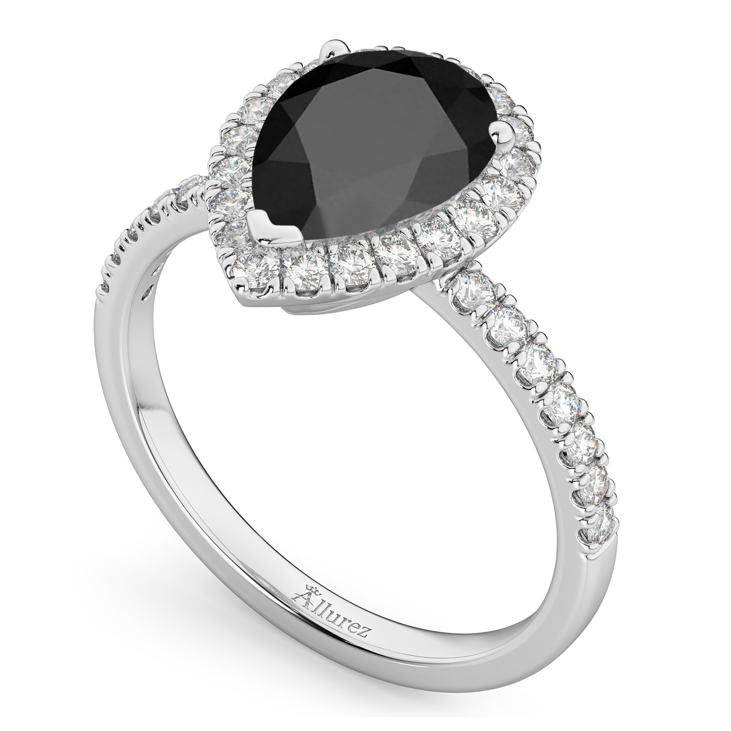 Pear Cut Halo Black Onyx & Diamond Engagement Ring 14K White Gold 2.21ct