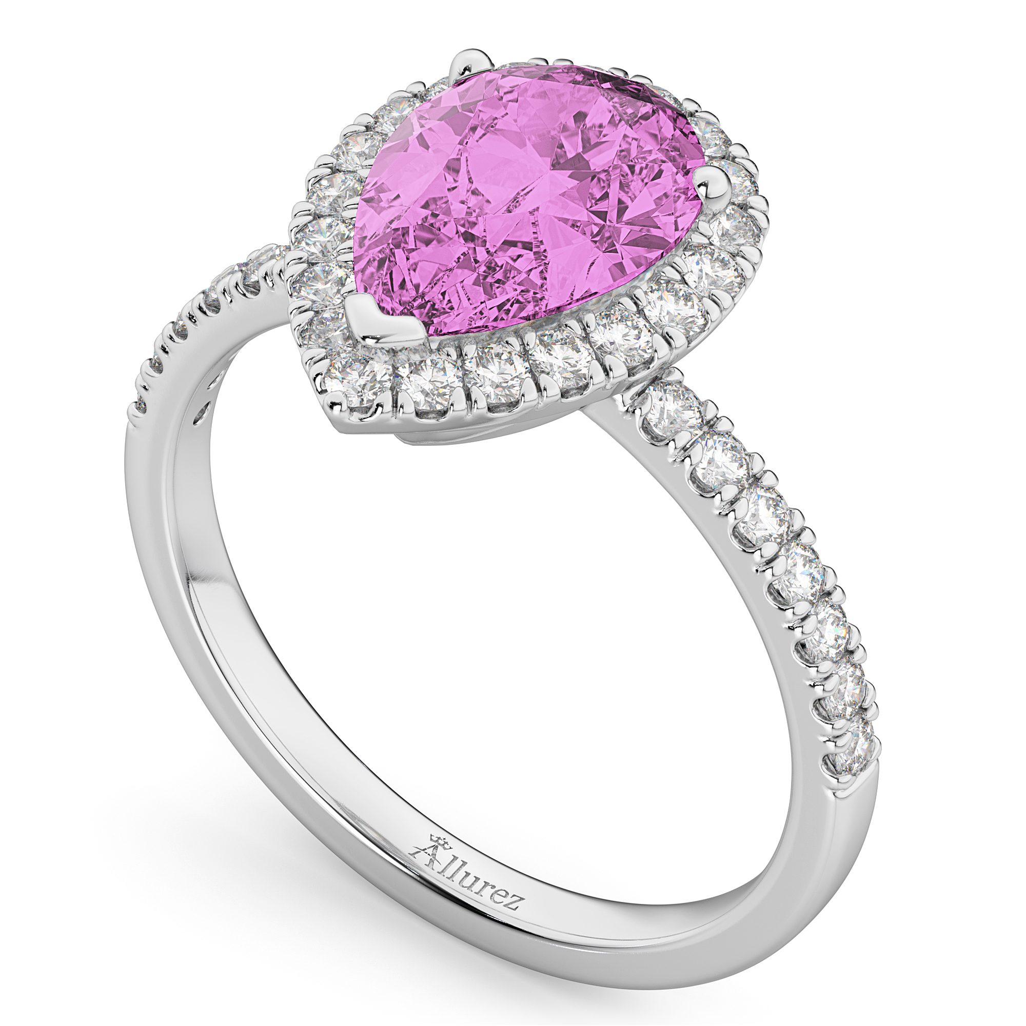 Pear Cut Halo Pink Sapphire & Diamond Engagement Ring 14K White Gold 3.01ct