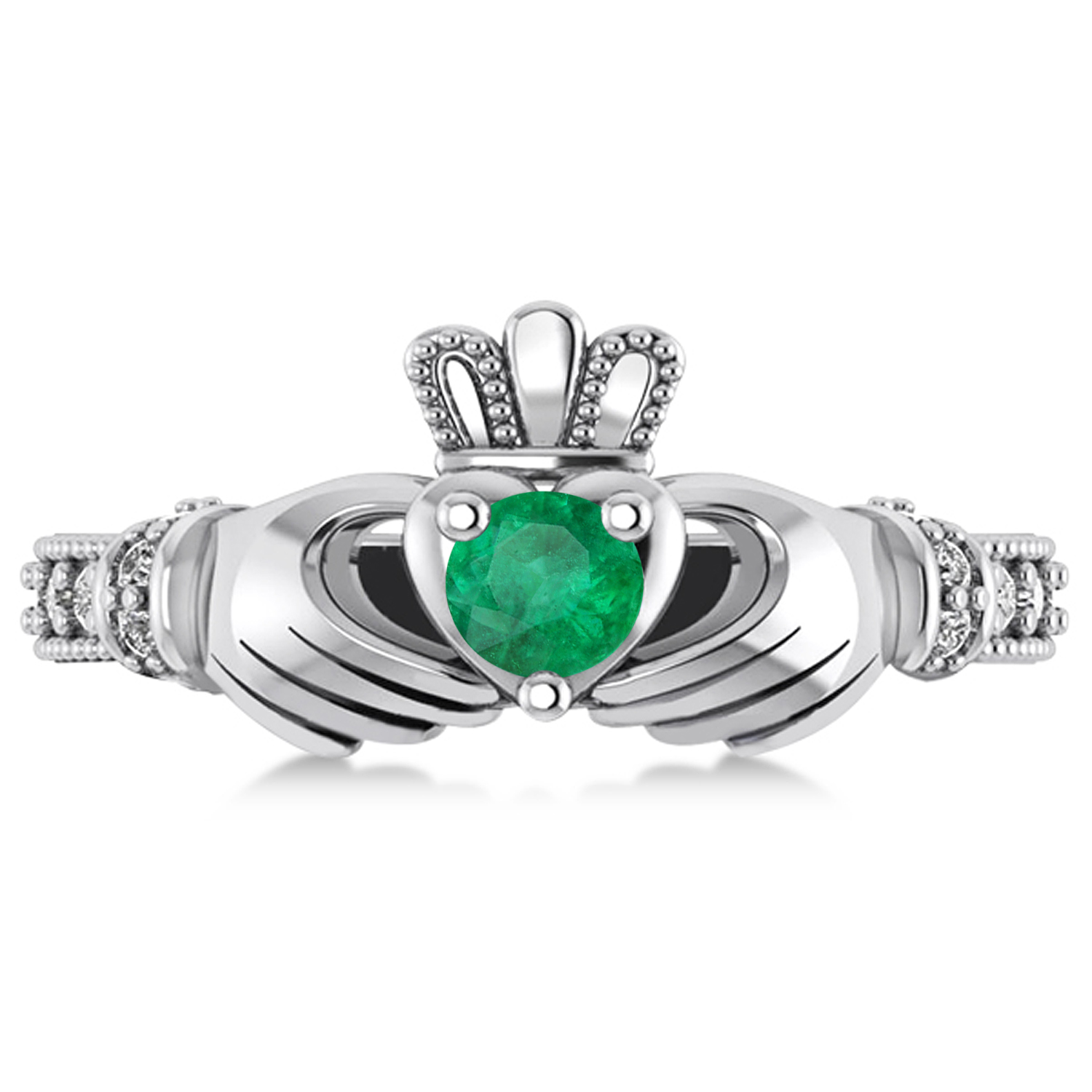 Emerald & Diamond Claddagh Engagement Ring in 14k White Gold (0.42ct)