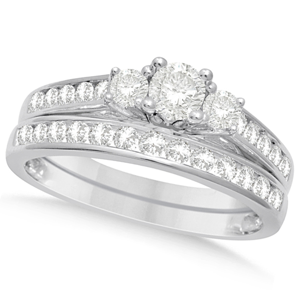 3 Stone Diamond Engagement Ring & Band Bridal Set 14K White Gold 1.00ct