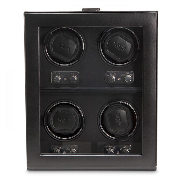 WOLF Heritage Men's 4 Watch Winder Faux Leather Glass Cover Preset Winding Programs