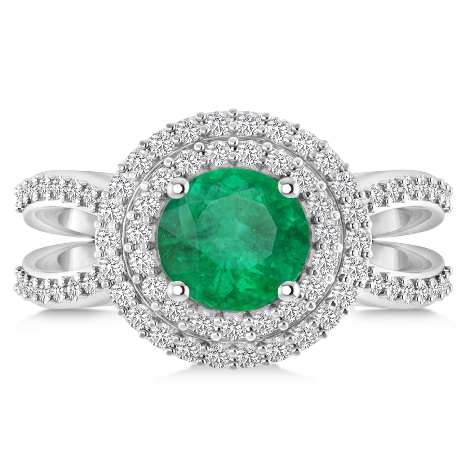 Double Halo Emerald Engagement Ring 14k White Gold (2.27ct)