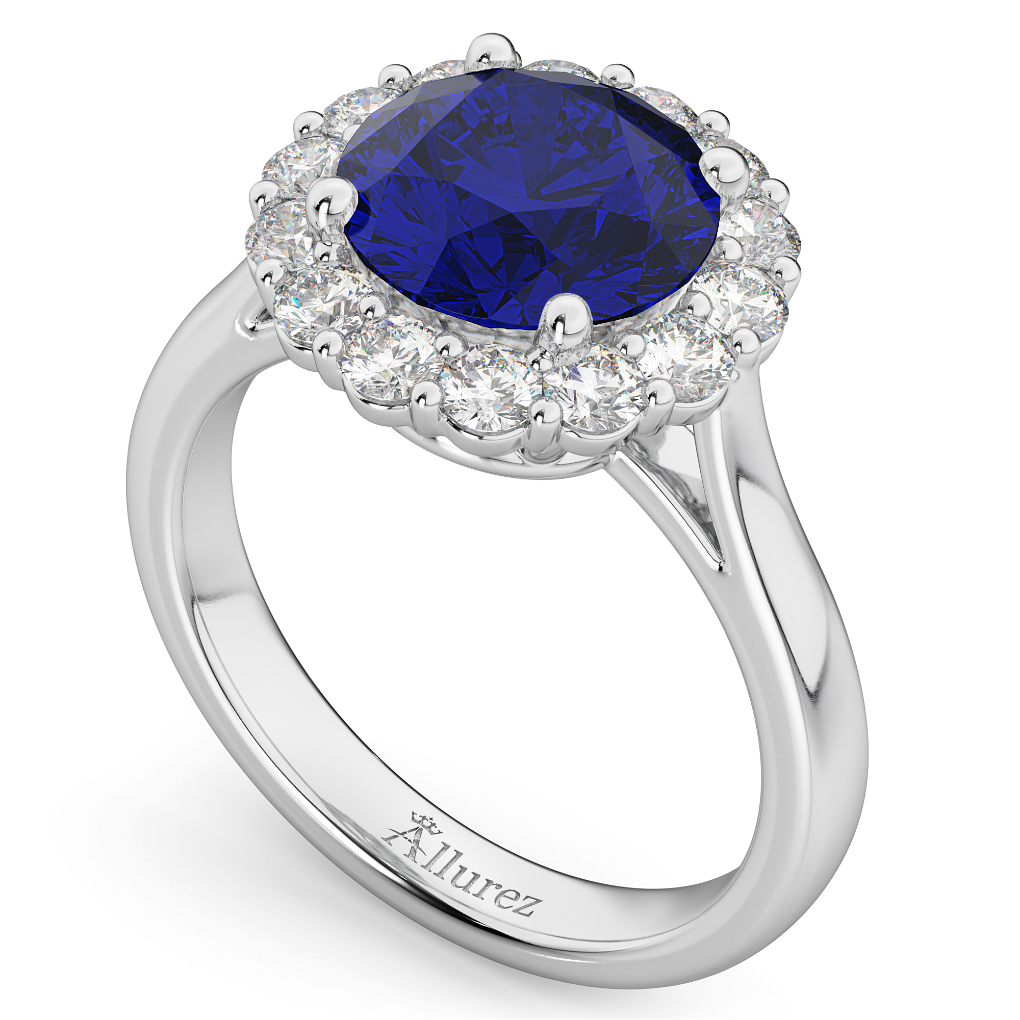 Halo Round Blue Sapphire & Diamond Engagement Ring 14K White Gold 4.45ct