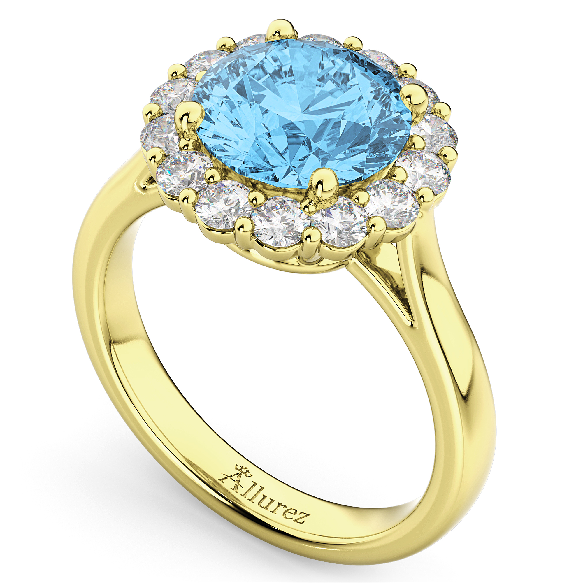 Halo Round Lab Blue Topaz & Lab Grown Diamond Engagement Ring 14K Yellow Gold 4.45ct