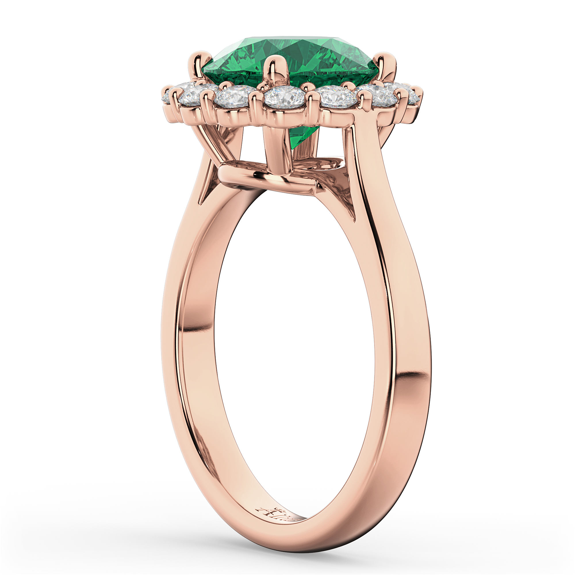 Halo Round Emerald & Diamond Engagement Ring 14K Rose Gold 4.40ct
