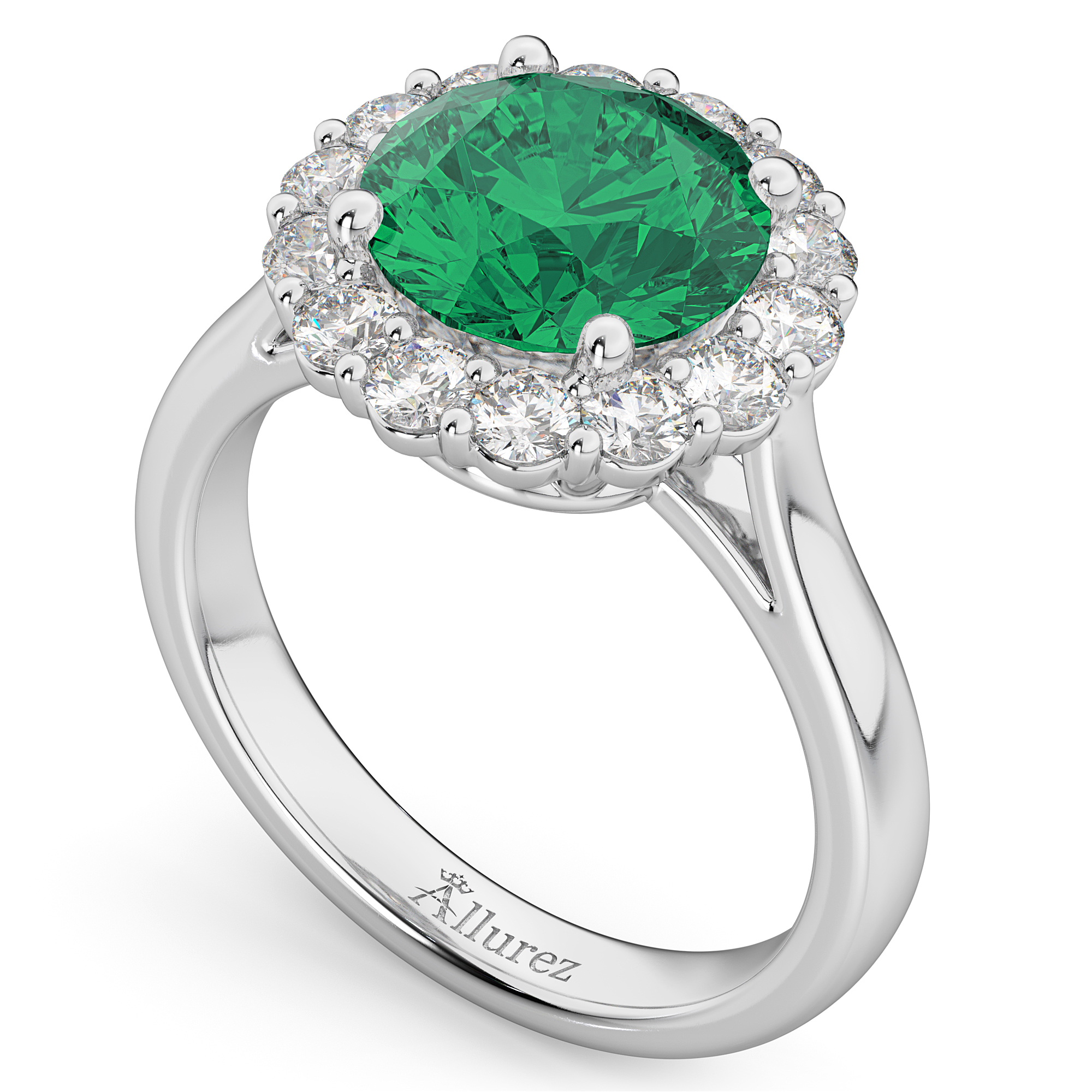 Halo Round Emerald & Diamond Engagement Ring 14K White Gold 4.40ct