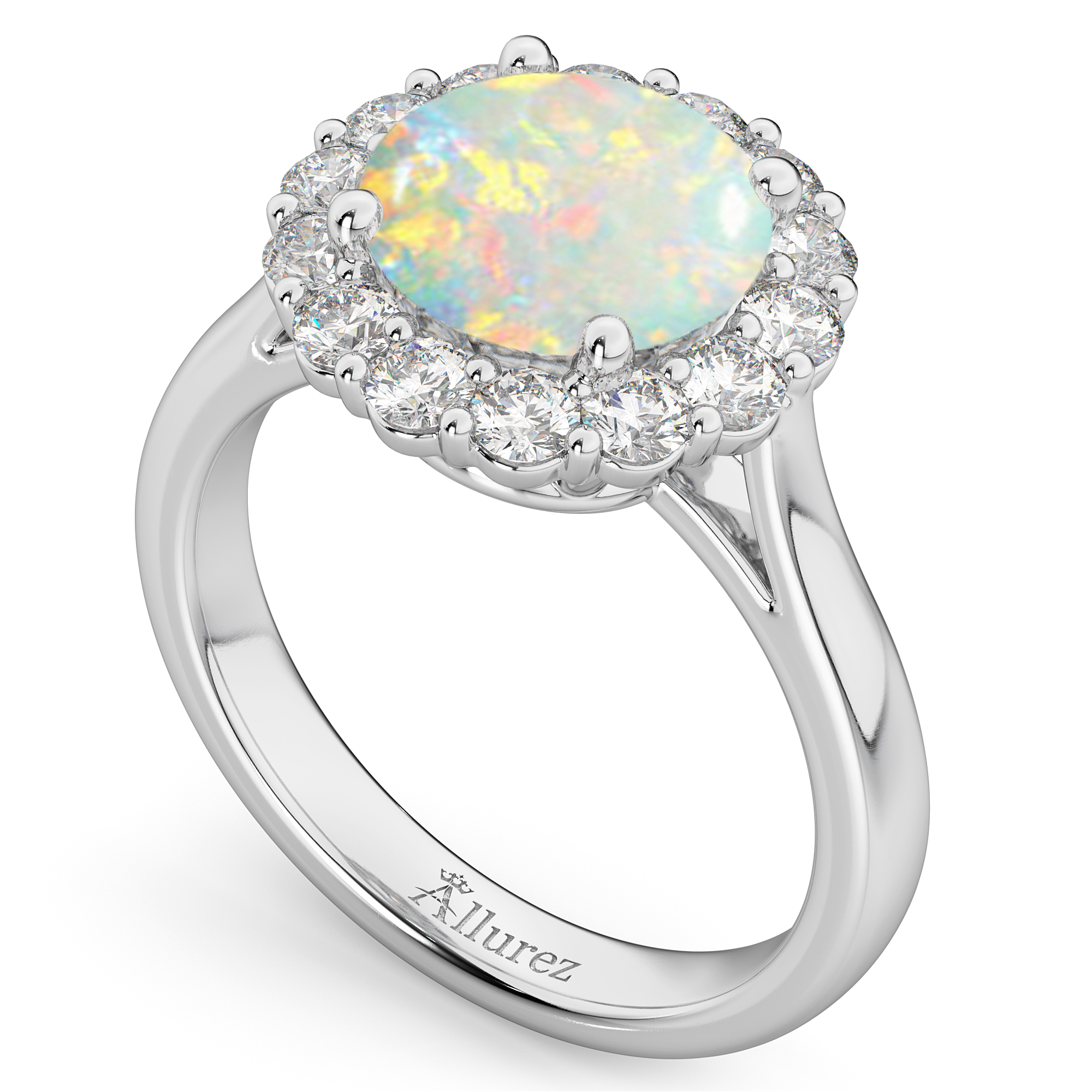 Halo Round Lab Opal & Lab Grown Diamond Engagement Ring 14K White Gold 2.30ct