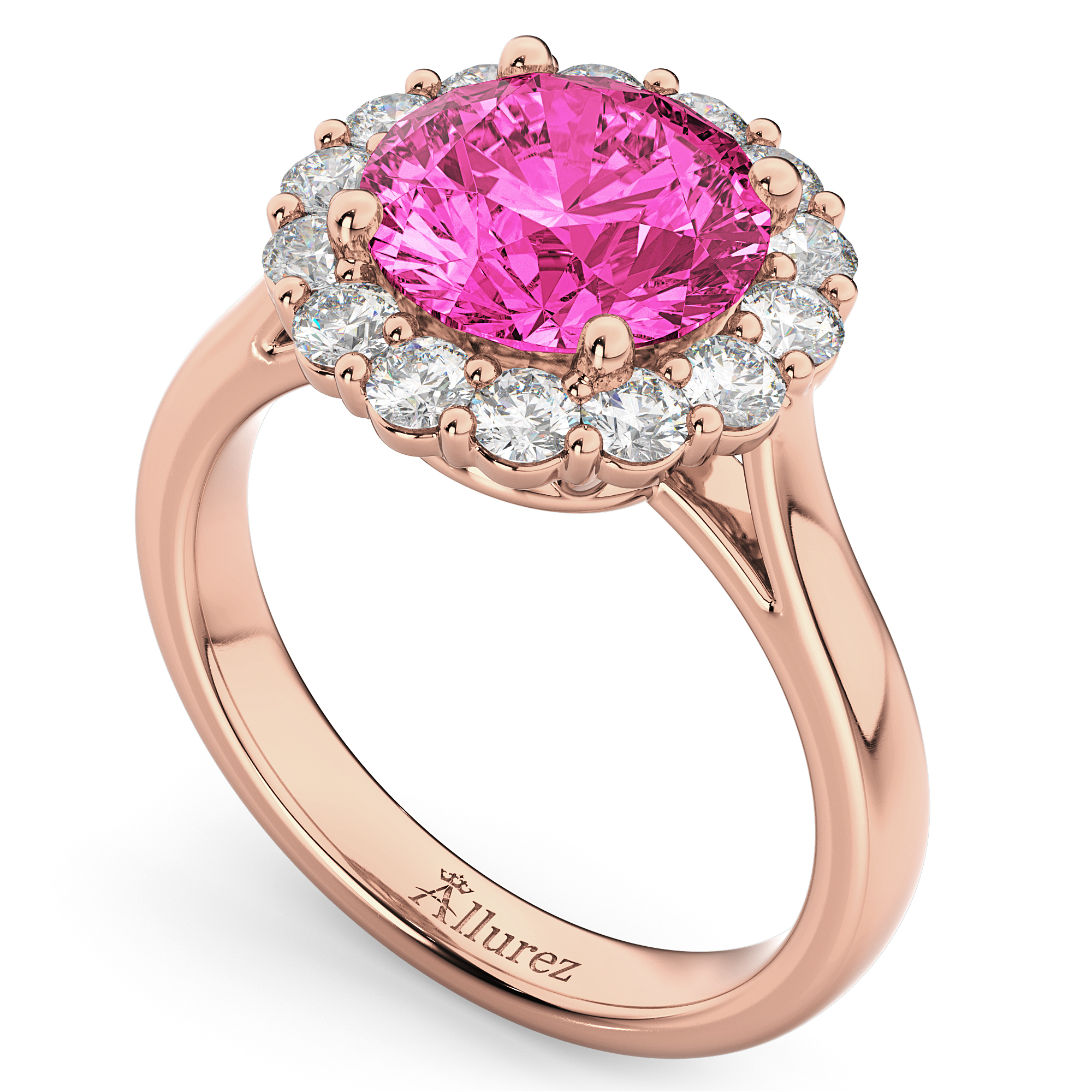 Halo Round Lab Pink Tourmaline & Lab Grown Diamond Engagement Ring 14K Rose Gold 3.20ct