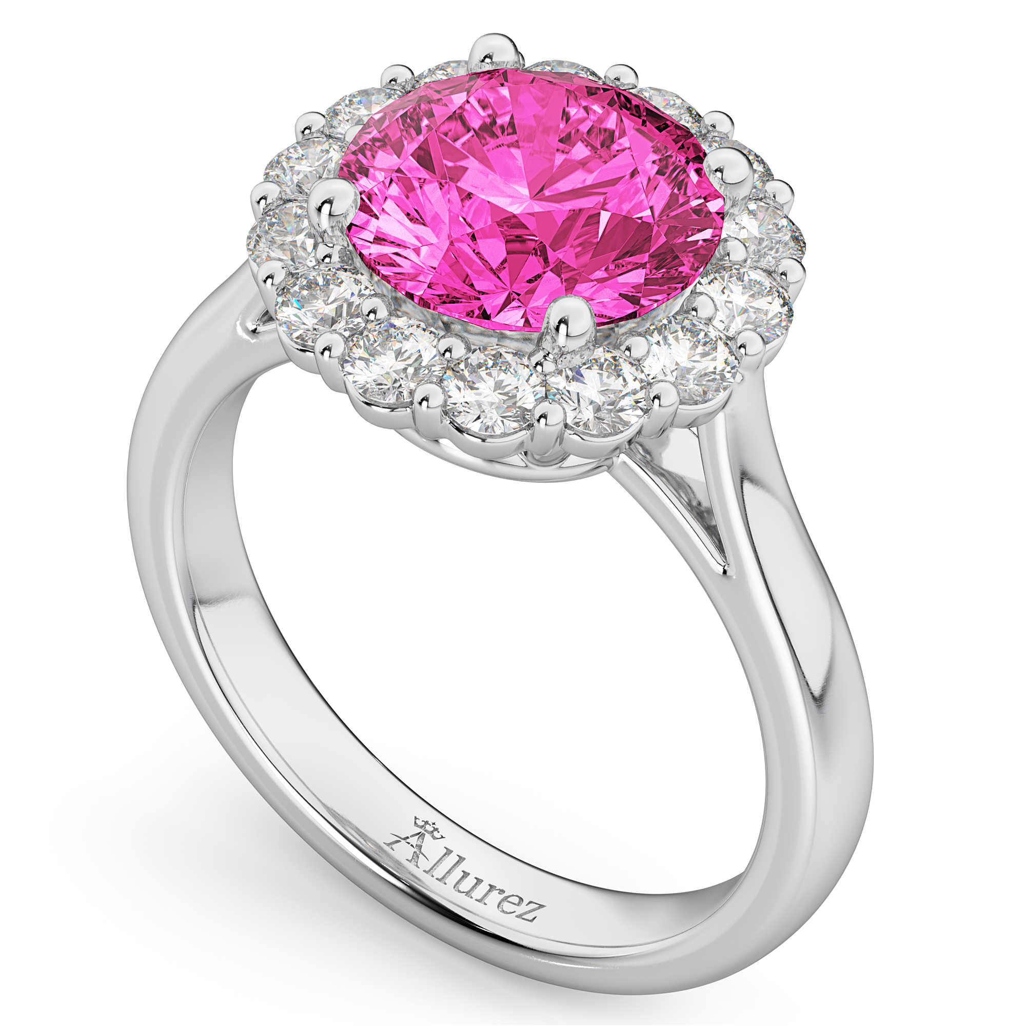 Halo Round Lab Pink Tourmaline & Lab Grown Diamond Engagement Ring 14K White Gold 3.20ct
