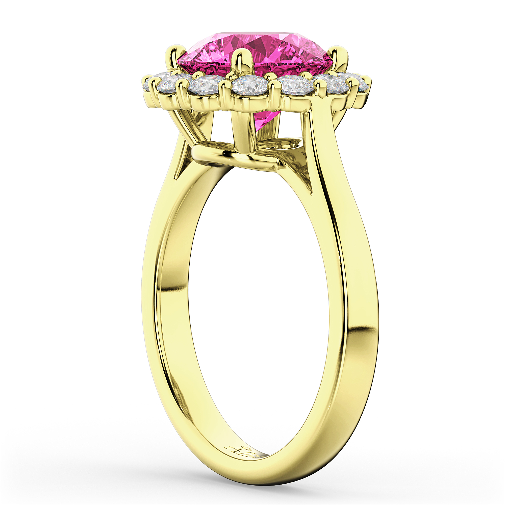 Halo Round Lab Pink Tourmaline & Lab Grown Diamond Engagement Ring 14K Yellow Gold 3.20ct