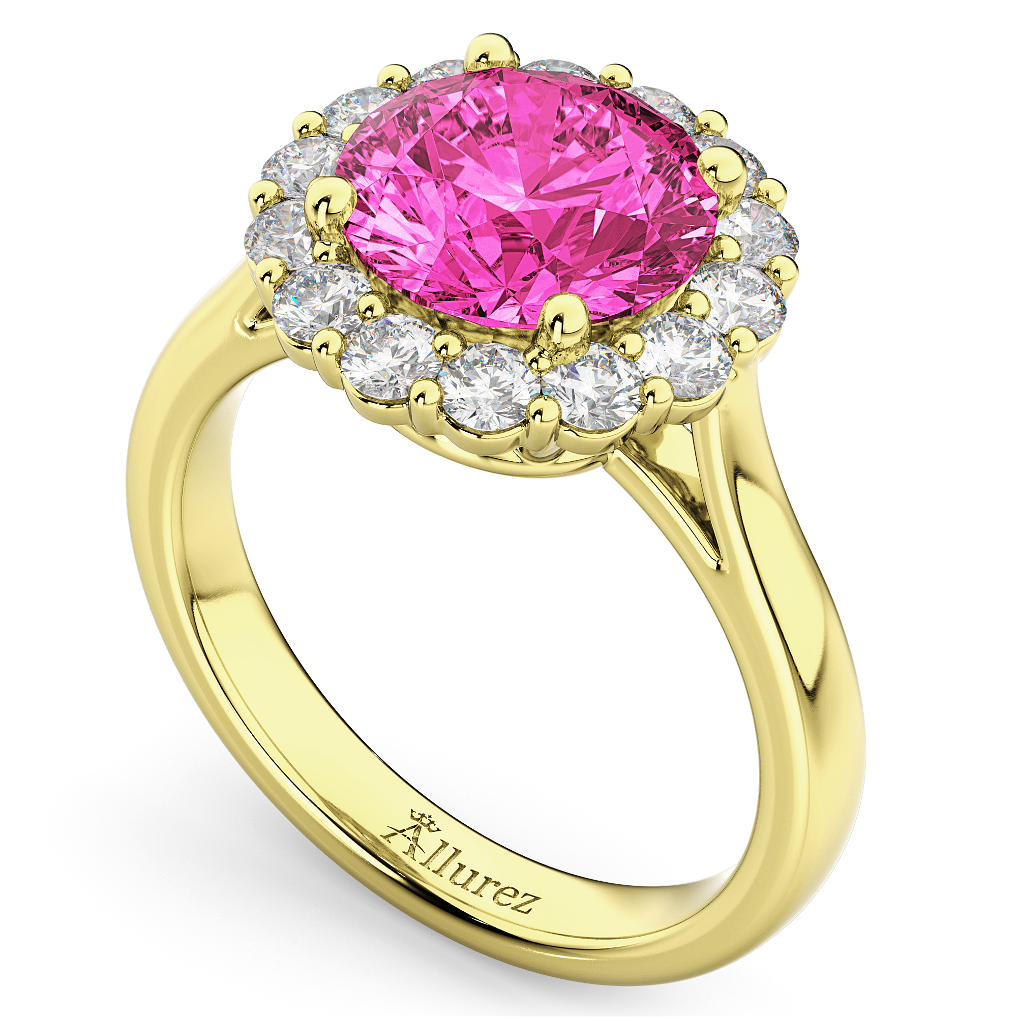 Halo Round Lab Pink Tourmaline & Lab Grown Diamond Engagement Ring 14K Yellow Gold 3.20ct