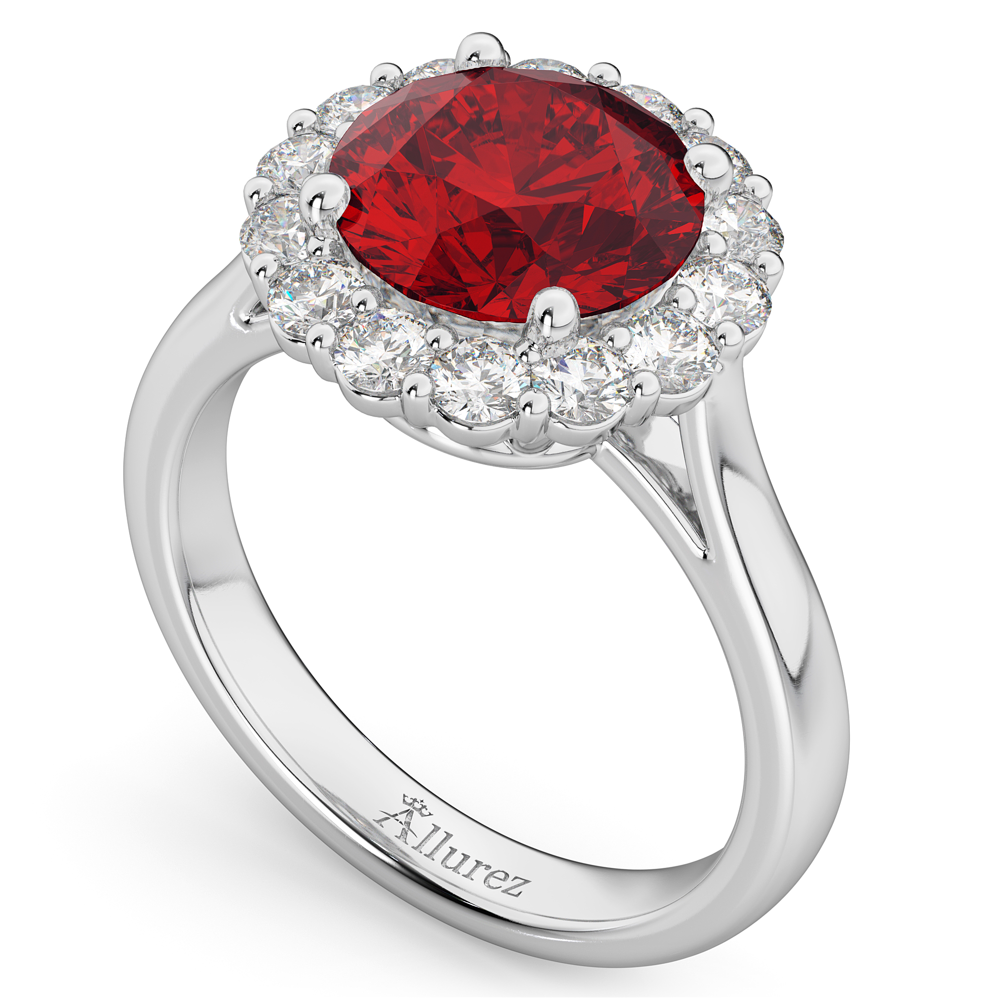 Halo Round Lab Ruby & Lab Grown Diamond Engagement Ring 14K White Gold 4.45ct