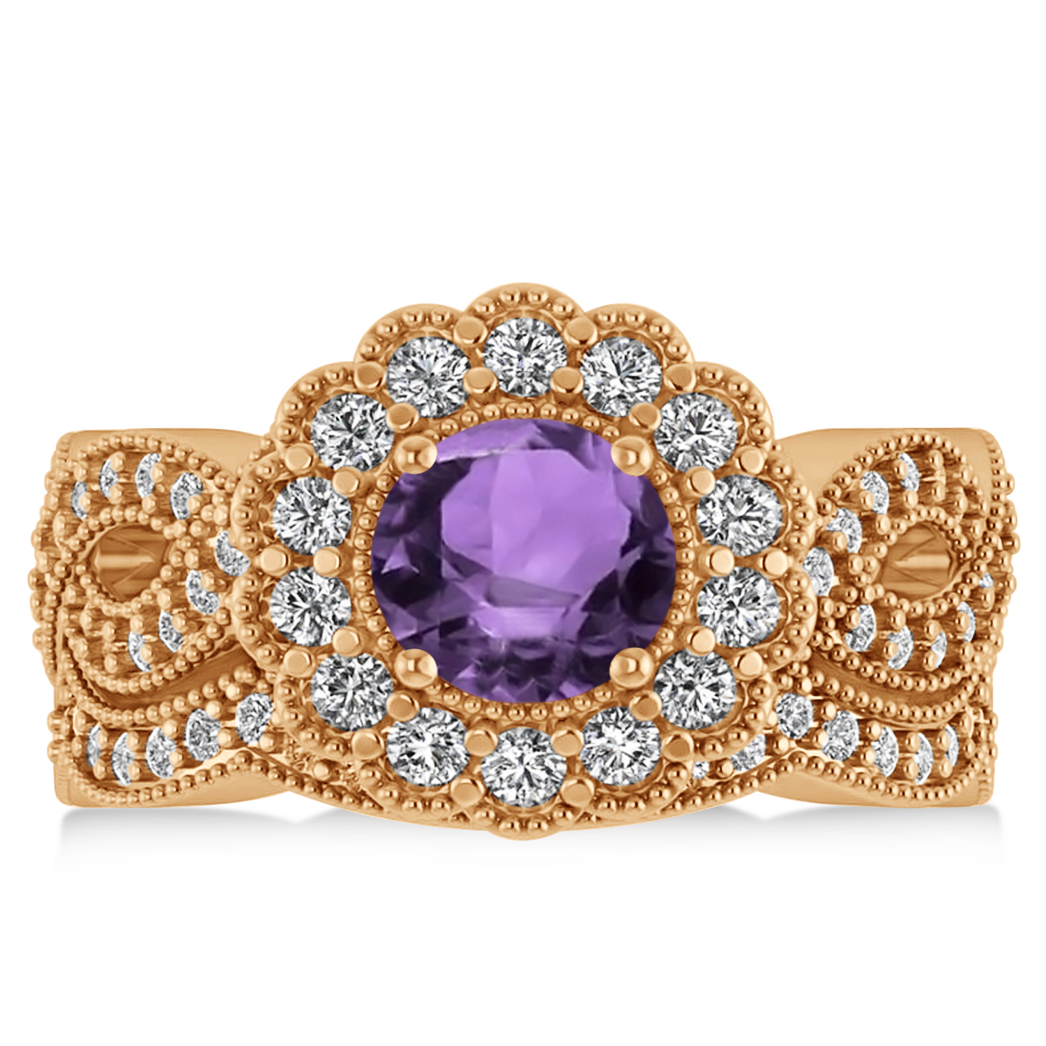 Diamond & Amethyst Flower Halo Bridal Set 14k Rose Gold 2.22ct AD1650