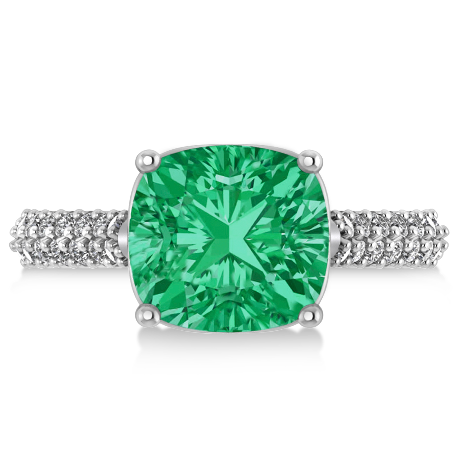 Cushion Cut Emerald & Diamond Engagement Ring 18k White Gold 4.42ct