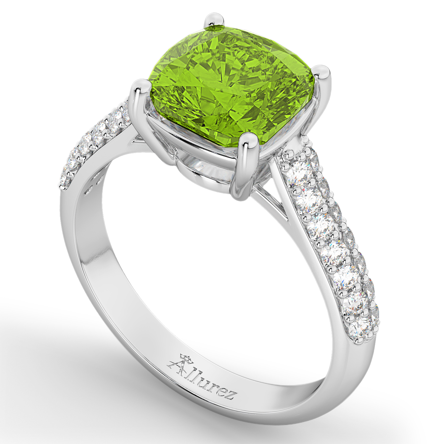 Cushion Cut Peridot & Diamond Ring 14k White Gold (4.42ct) AD2599