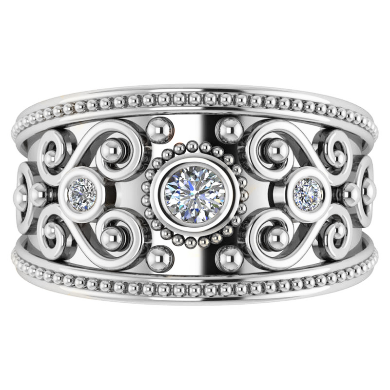 Diamond Swirl Bezel Set Byzantine Ring 14k White Gold (0.21ct)