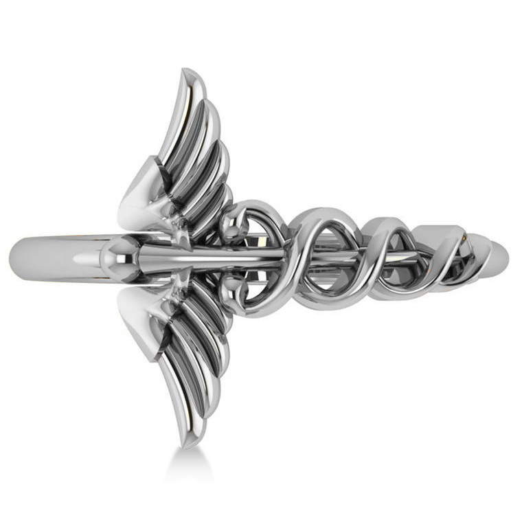 Caduceus Medical Symbol Novelty Ladies Ring 14k White Gold