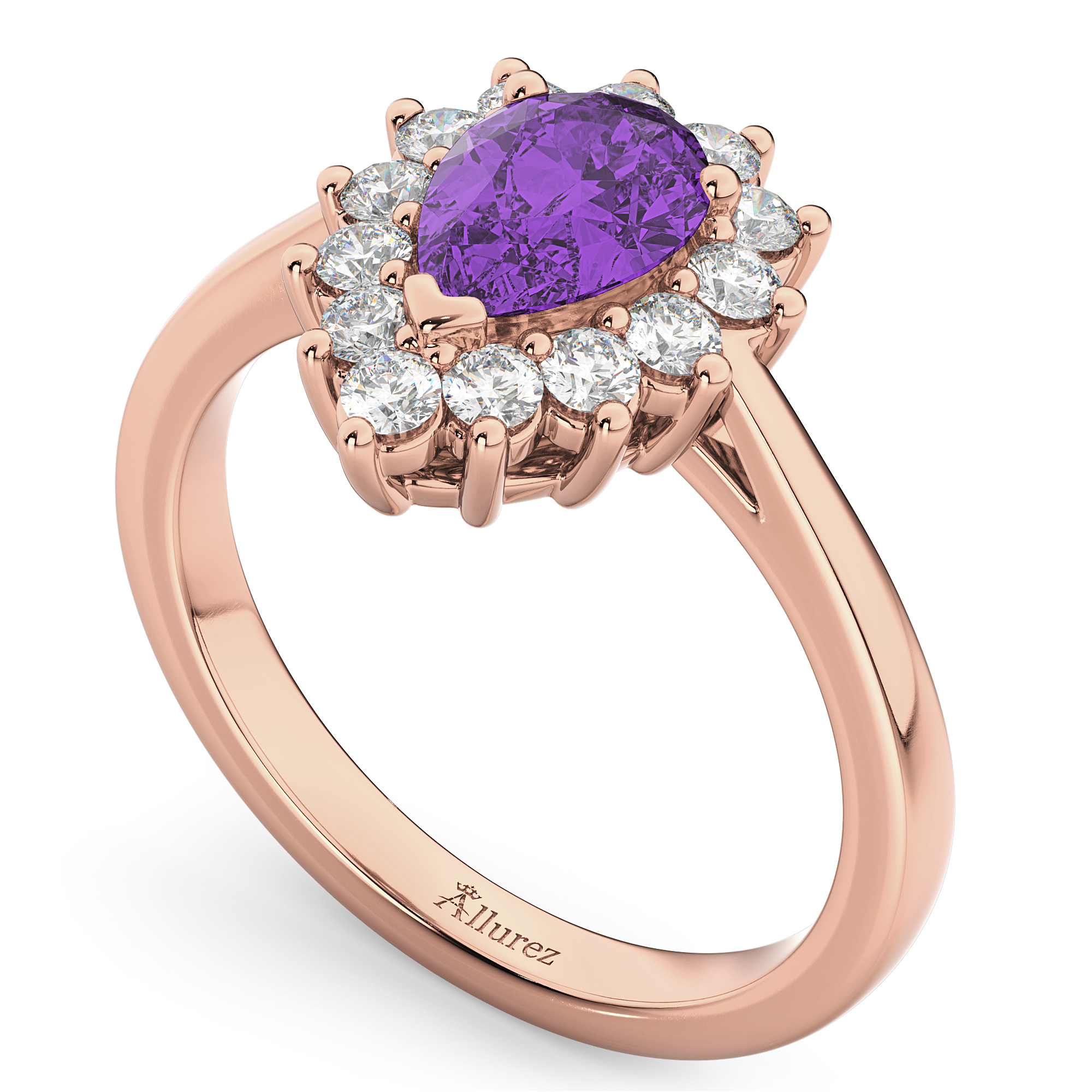 Halo Amethyst & Diamond Floral Pear Shaped Fashion Ring 14k Rose Gold (1.07ct)