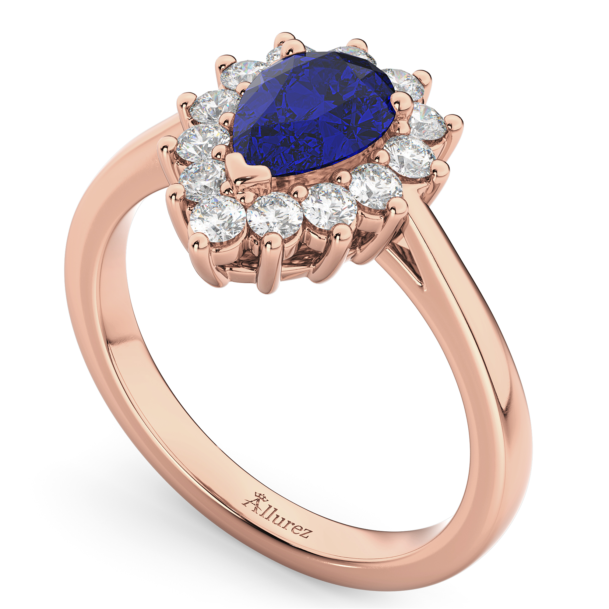 Halo Blue Sapphire & Diamond Floral Pear Shaped Fashion Ring 14k Rose Gold (1.27ct)