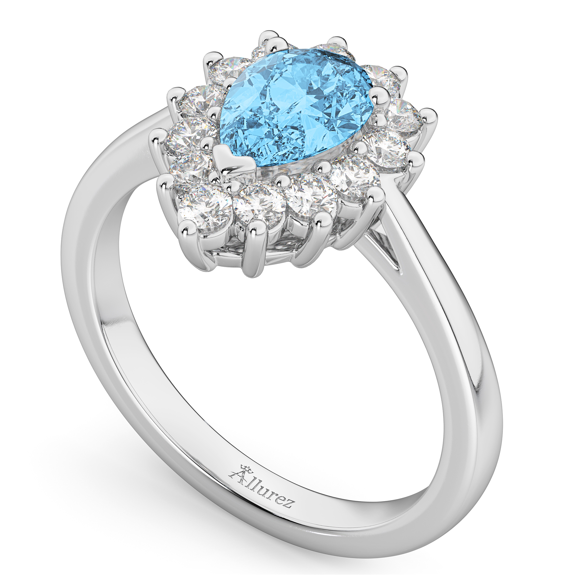 Halo Blue Topaz & Diamond Floral Pear Shaped Fashion Ring 14k White Gold (1.42ct)
